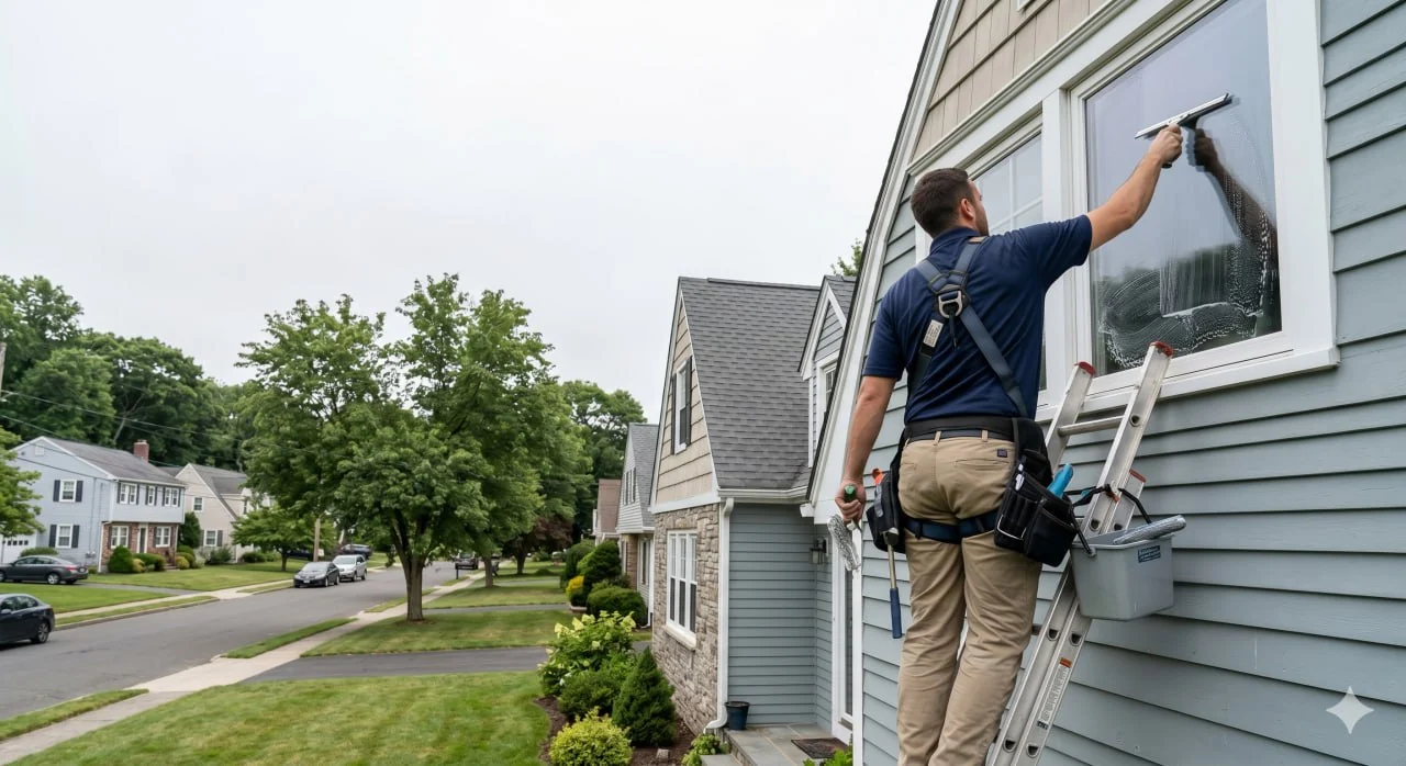 Residential window cleaner using a squeegee from a ladder on a Naugatuck Connecticut home