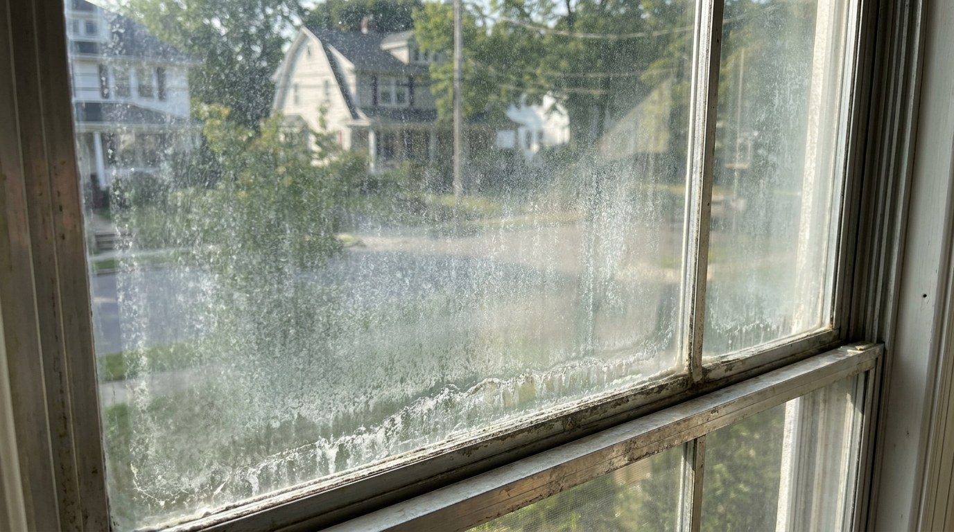 Hard water mineral deposits on a residential window in Waterbury Connecticut New Haven County calcium haze cleaning treatment