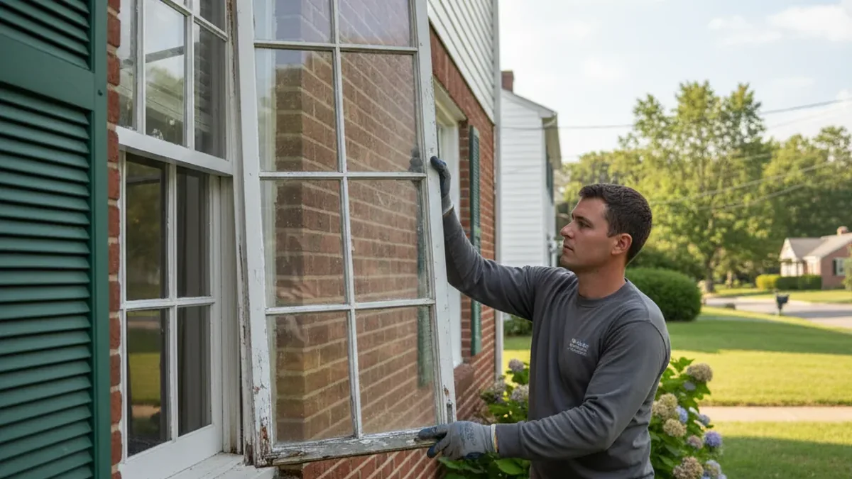 Storm window cleaning on older Waterbury Connecticut colonial home wood frame New Haven County residential