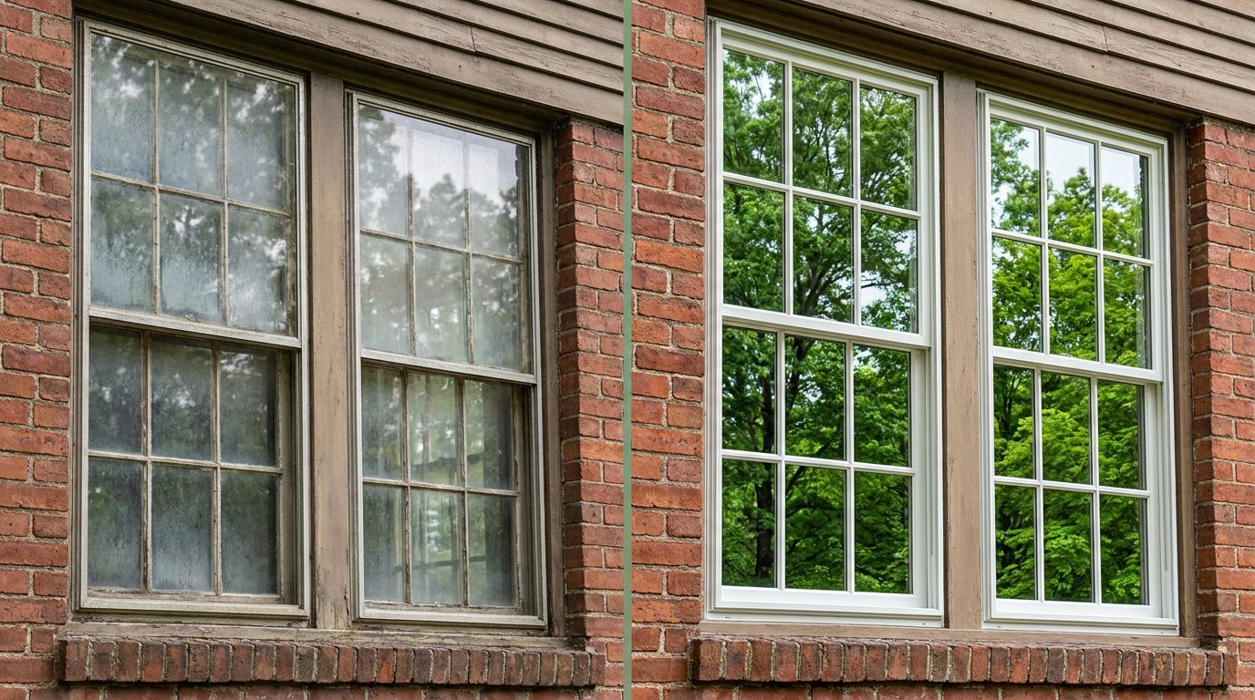 Window cleaning before and after hard water mineral treatment in Waterbury Connecticut New Haven County pure water rinse clear